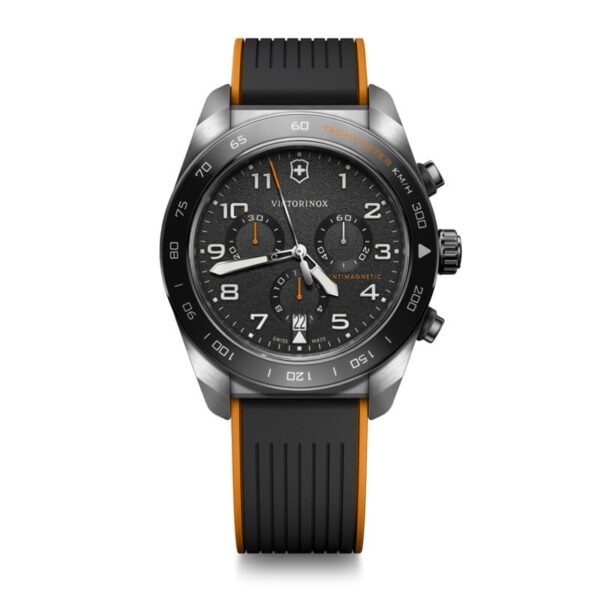 Chrono watch, black rubber strap, orange, black dial, 42 mm